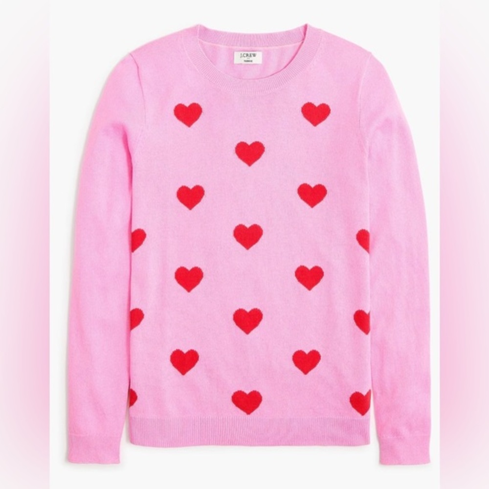 J. Crew Pink Crewneck Sweater with Red Heart Print